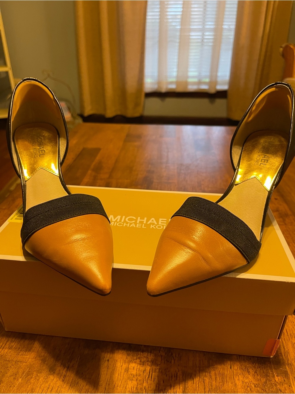 Michael Kors Tan Leather Pointed D'Orsay Heels with Black Strap